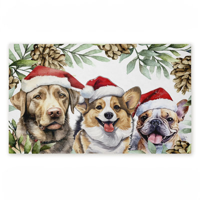 Tapis de porte d'extérieur imprimé Three Dog Hat Dogs, par Kim Allen, 18 po x 30 po