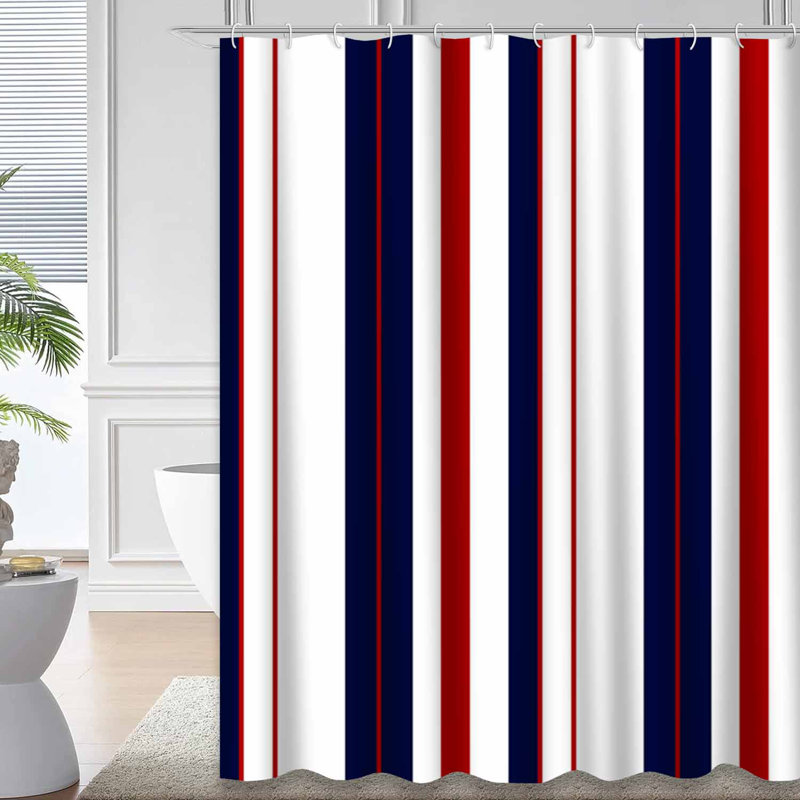 Rideau de douche rayé bleu rouge blanc marine avec 12 crochets, L 72 po x l 78 po
