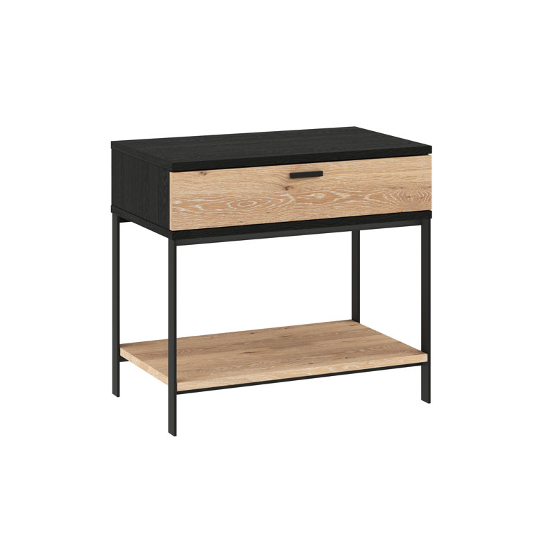 Black and Brown Oak Veneer Nightstand with Iron Legs