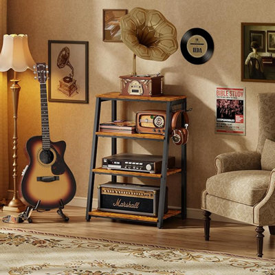 Meuble audio-vidéo à 4 niveaux avec 2 crochets, meuble stéréo robuste - grand support stéréo et console de jeux, support de tourne-disque en bois, support audio parfait pour les lecteurs DVD / consoles de jeux / boîtes de télévision / consoles de jeu