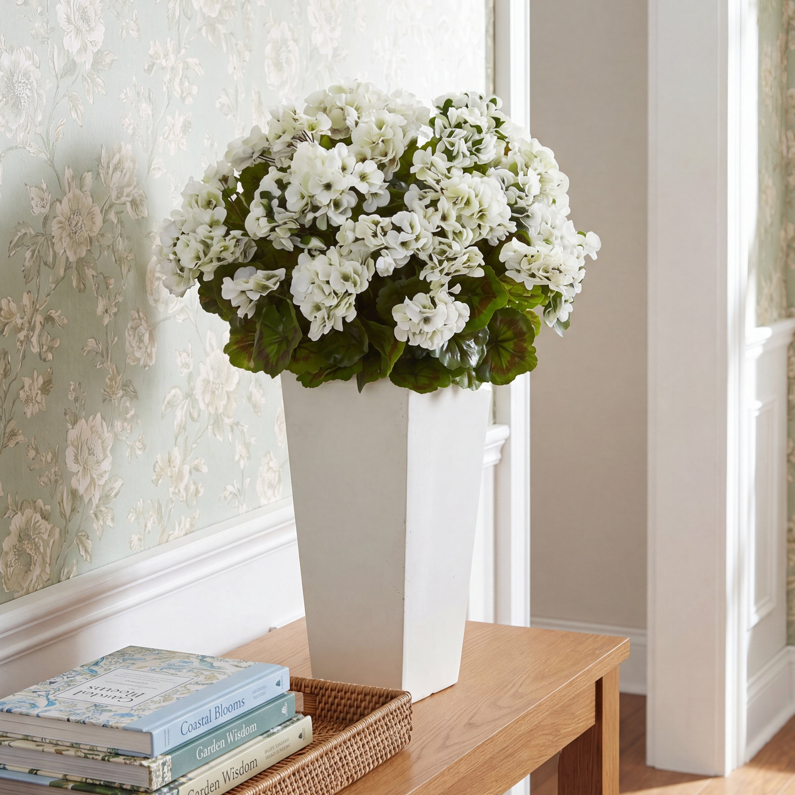 UV Resistant Geranium Floral Arrangement, White