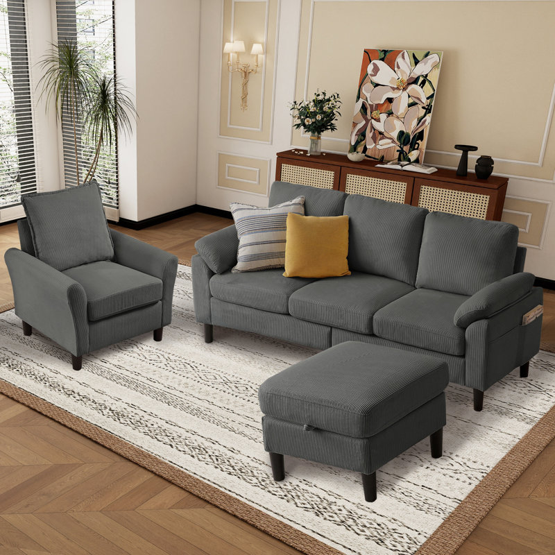 Juliani  Corduroy 3 Piece Living Room Set, Dark Gray
