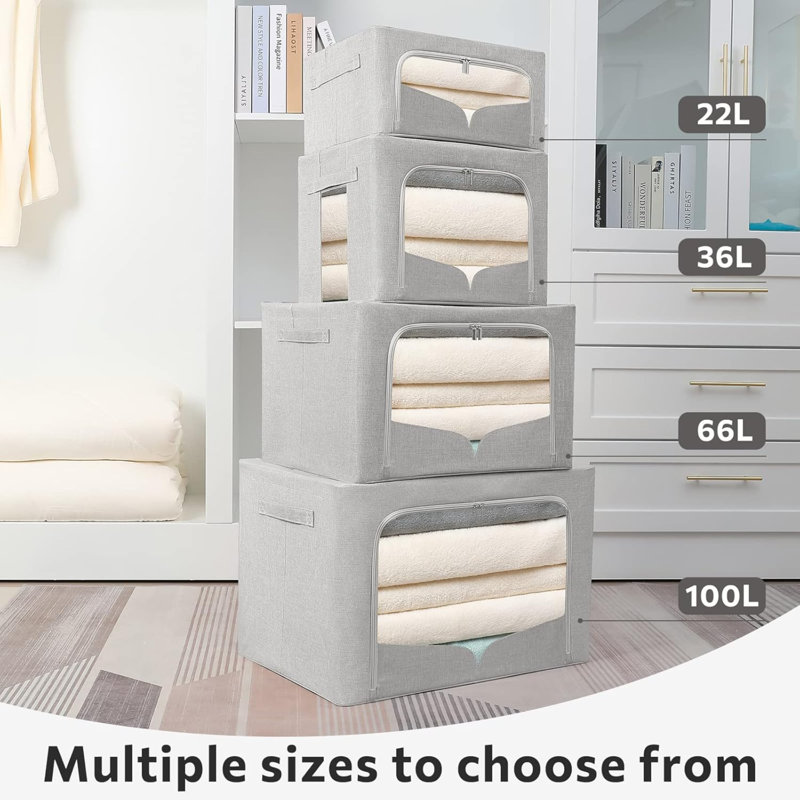 Ensemble de 3 bacs de rangement pour vêtements, boîte de rangement pliable en métal, ensemble de rangement en tissu empilable avec poignées de transport et fenêtre transparente