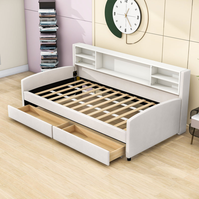 Lit de jour simple rembourré avec rangement intégré et tiroirs à roulement en douceur, Beige
