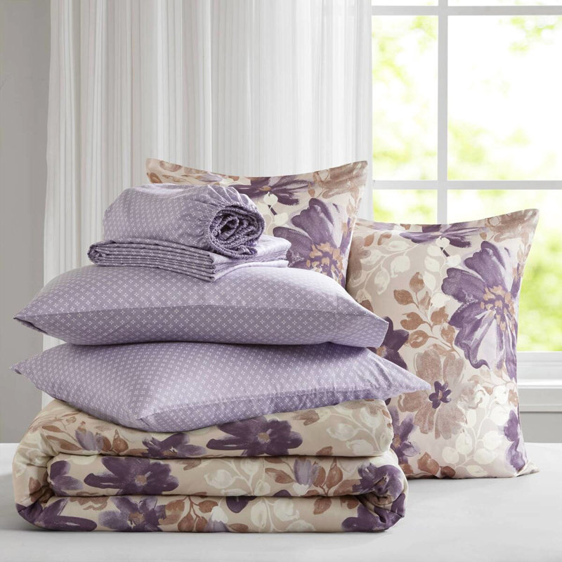 Lit floral taupe dans un sac double, édredon avec 2 taies décoratives, 1 drap plat, taies d'oreiller ajustées, imprimé en microfibre douce, motif assorti, feuilles de preuve, microfibre brossée, et