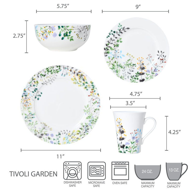 Tivoli Garden 16-Piece Lightweight Chip-Resistant Bone China Dinnerware Set, Service for 4