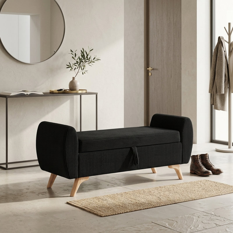 Banc de rangement moderne en velours côtelé de 145 cm avec pieds en bois massif - Banc d'entrée rembourré noir