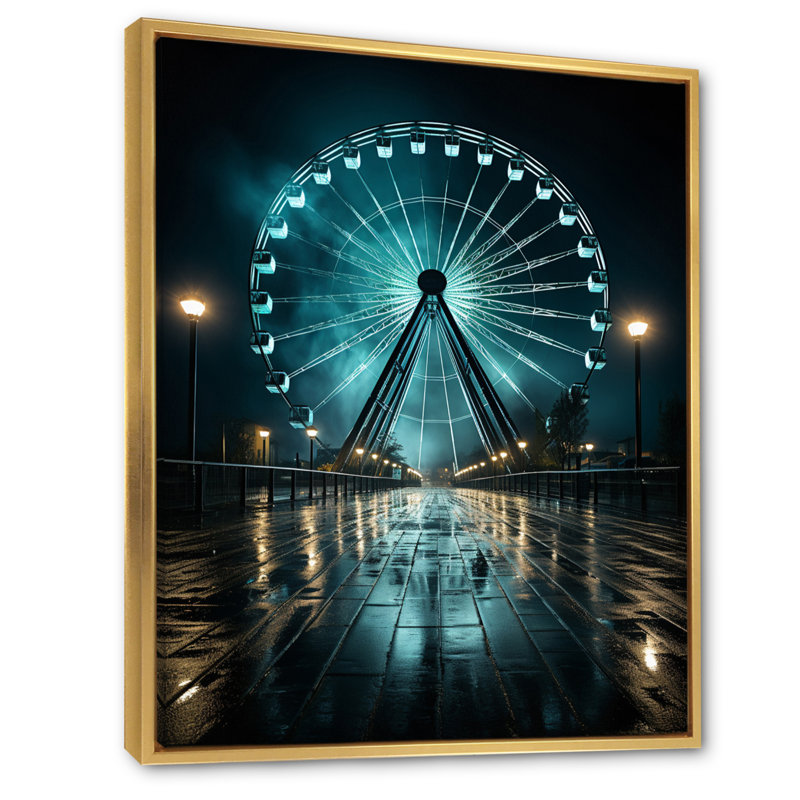 «Teal Ferris Wheel Nighttime Thrills», reproduction sur toile, H 32 po x l 16 po x P 1 po, Cadre flottant doré