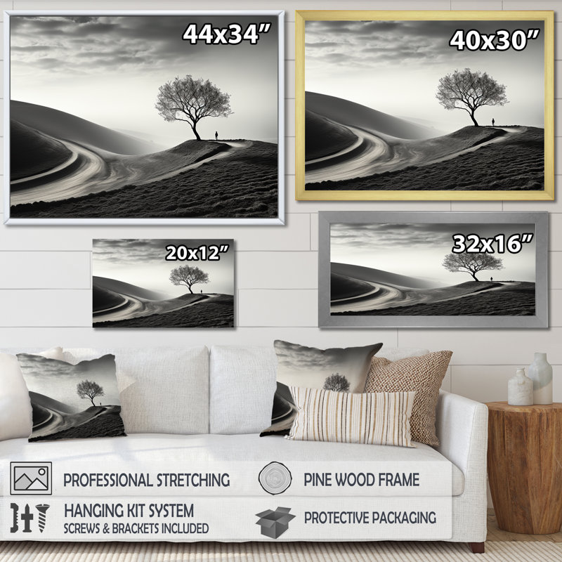 Photographie d'arbre de solitude noir et blanc - impressions encadrées, Cadre flottant doré, H 12 po x l 20 po x P 1 po