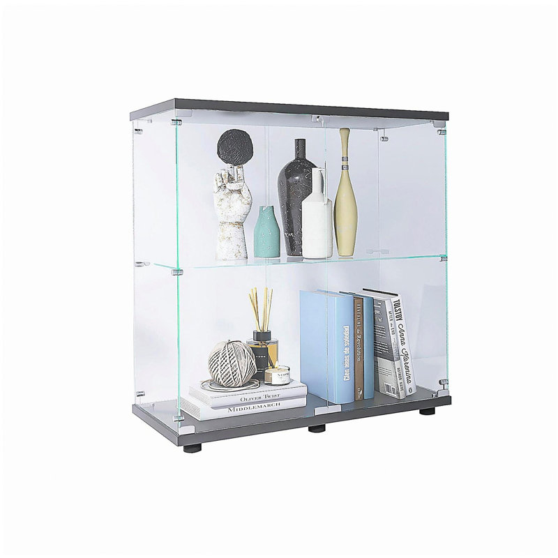 Vitrine en verre 2 couches avec 2 portes, armoires vitrées, vitrine de comptoir en verre avec serrure, verre trempé avec base en panneau de fibres à densité moyenne