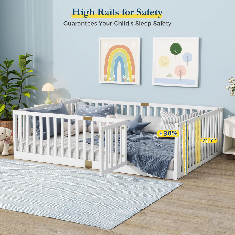 Floor Bed With High Rails And Convertible Door,solid Wood Cama Montessori Bed Without Slats, White, Full