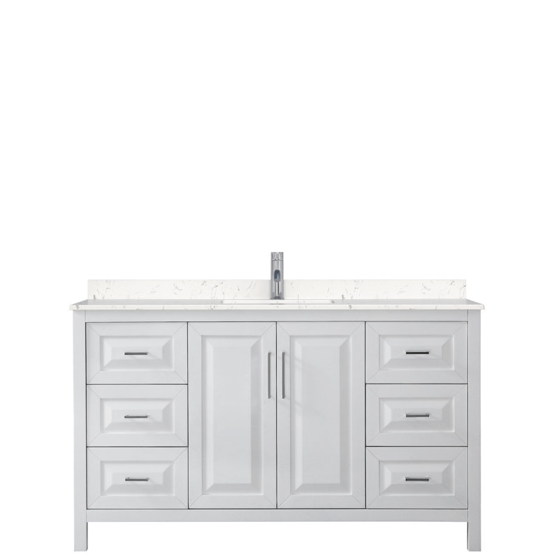 Ensemble de meuble-lavabo simple 60 po Daria, Blanc, Marbre de culture de Carrare, Or brossé