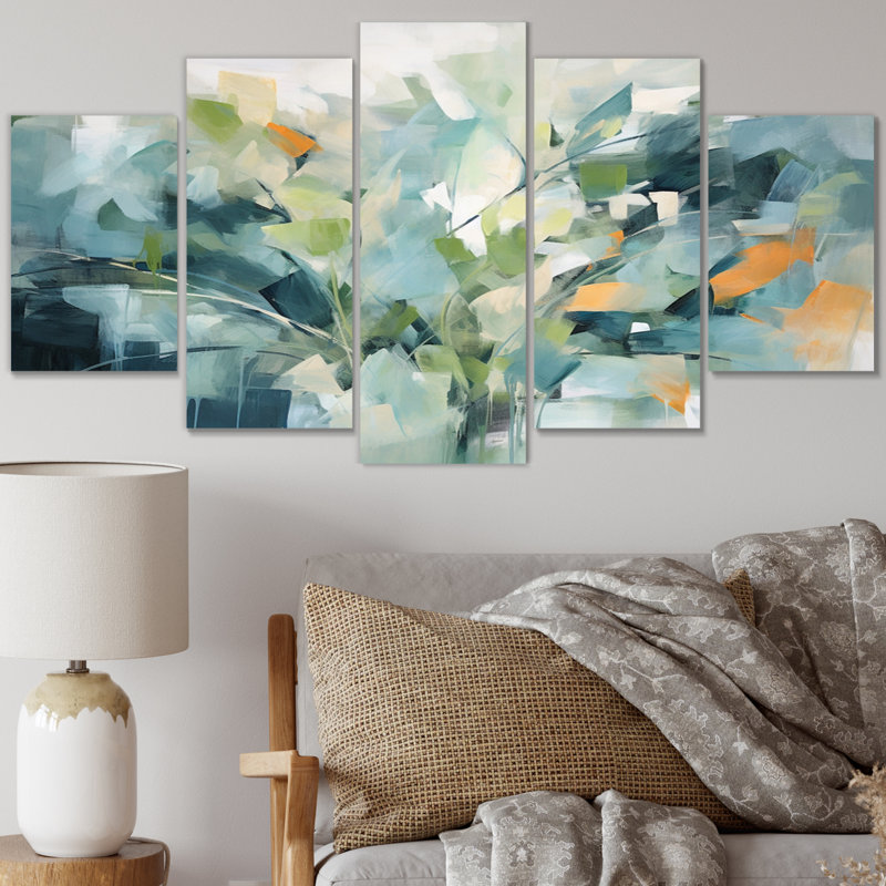 «Blue Botanical Garden III - Abstract Botanicals Wall Art Living Room - 5 Panels»