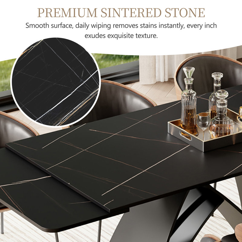 63" to 95" Extendable Dining Table, Expandable Rectangular Dinner Table for 6-8 People, Black Veined Sintered Stone Tabletop with Curved Black Metal Base, Modern Extending Kitchen Dining Table for Home Kitchen & Dining Room