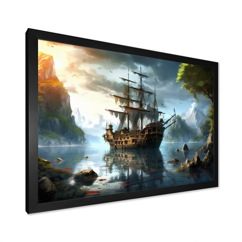 Bateau pirate en mer - art mural pirate, Cadre photo noir simple, H 12 po x l 20 po x P 1 po