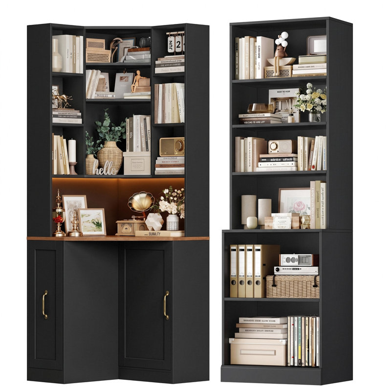 Ensemble de rangement de bureau en 2 pièces : meuble d'angle en L avec éclairage DEL et station de recharge + étagère haute à 6 niveaux, blanc/noir