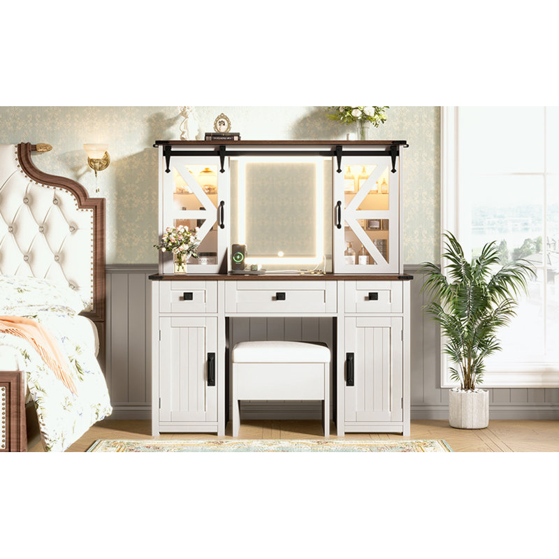 Bureau de maquillage avec miroir lumineux, tabouret de rangement et station de charge