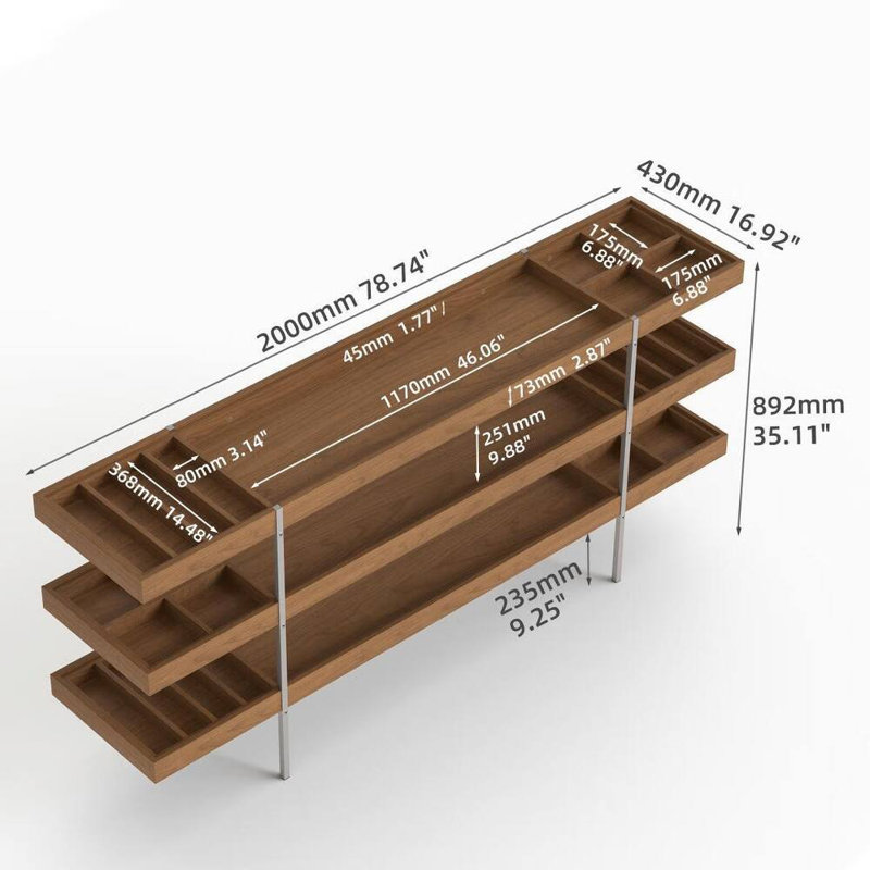 Tablette de rangement moderne en bois de noyer 78,74 pouces avec compartiments réglables et structure en métal pour le salon et le bureau