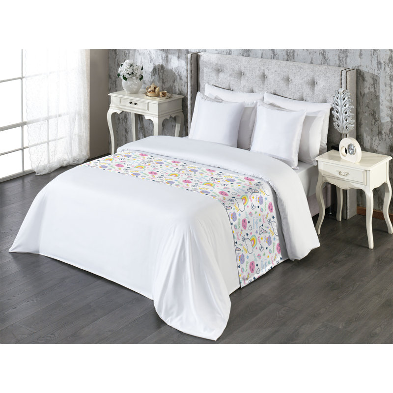 Queen Multicolor Satin Cartoon Bed Runner with Rainbow Clouds Print