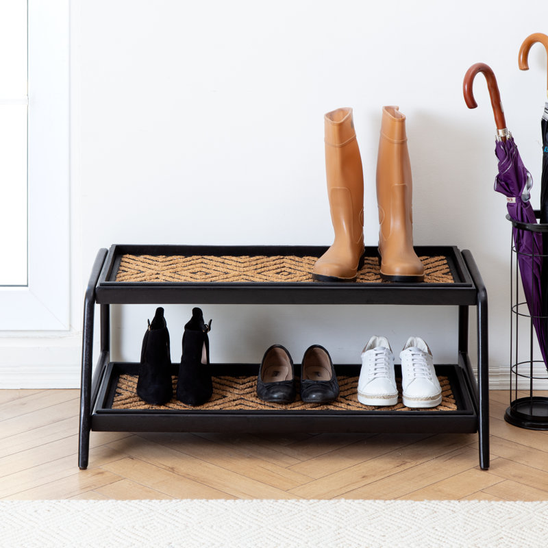 Support à bottes en bois massif de qualité supérieure avec tapis en fibre de coco naturelle - Rangement pour chaussures