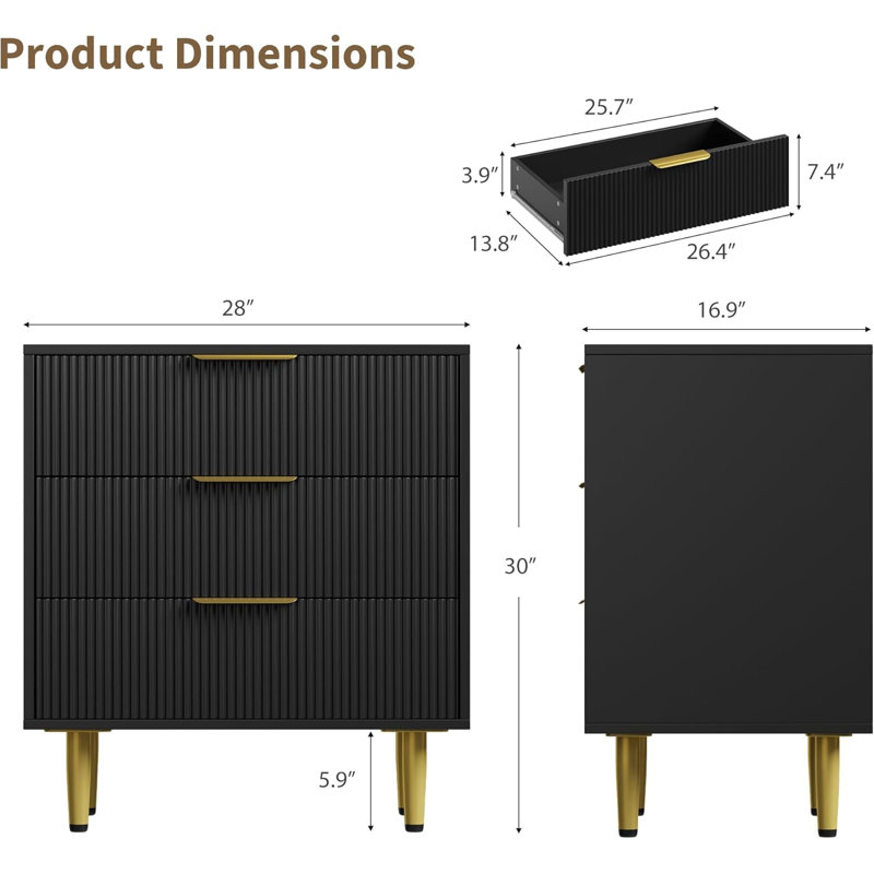 71.2cm W 3 - Drawer Chest of Drawers, Black