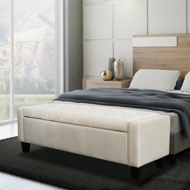 Banc de rangement capitonné en velours Rondre, Beige
