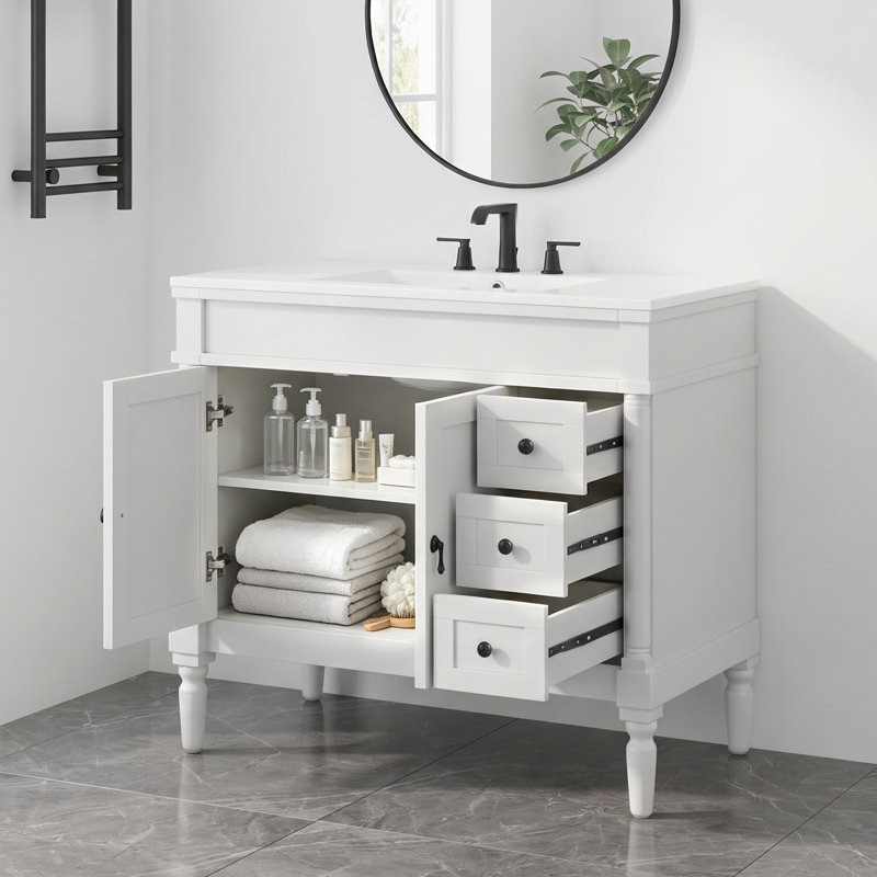 Meuble-lavabo autoportant blanc 36 po avec lavabo en céramique, portes à fermeture en douceur, tiroirs et tablette réglable pour salle de bain et airbnb
