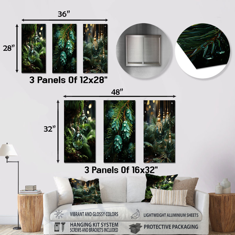 «Green Christmas Decoations Pine Tree I», ensemble d'art mural en métal sur pin, H 28 po x l 36 po