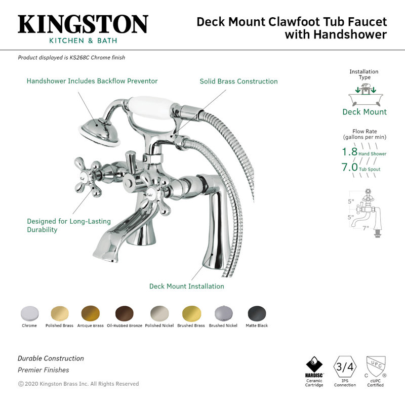 Kingston Brass Kingston Three-Handle 2-Hole Deck Mount Clawfoot Tub Faucet with Hand Shower, Matte Black