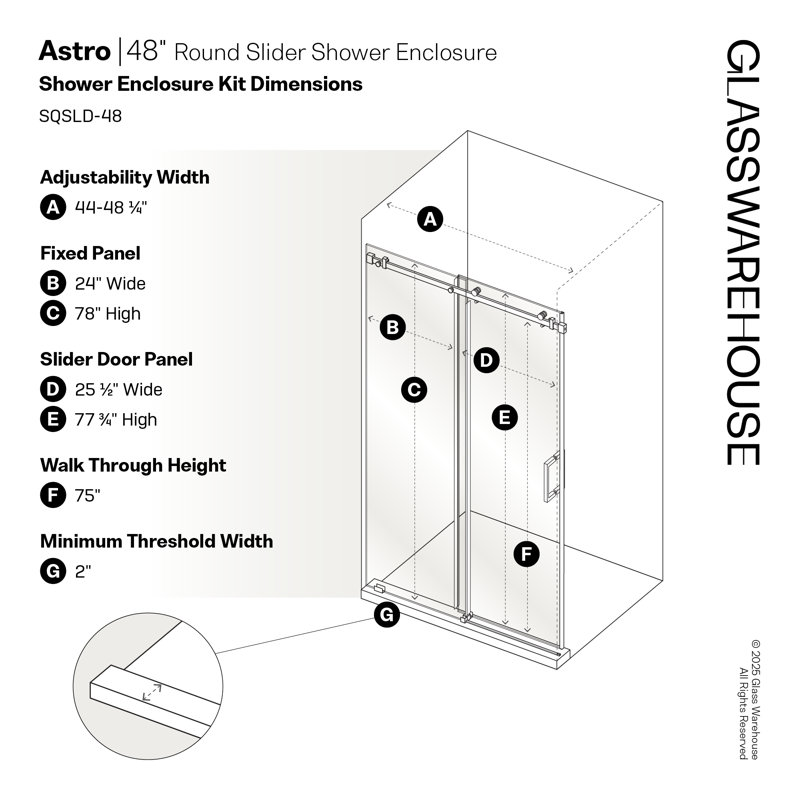 Astro 44 - 48 in. x 78 in. Fully Frameless Glass Sliding Shower Door, Brushed Nickel