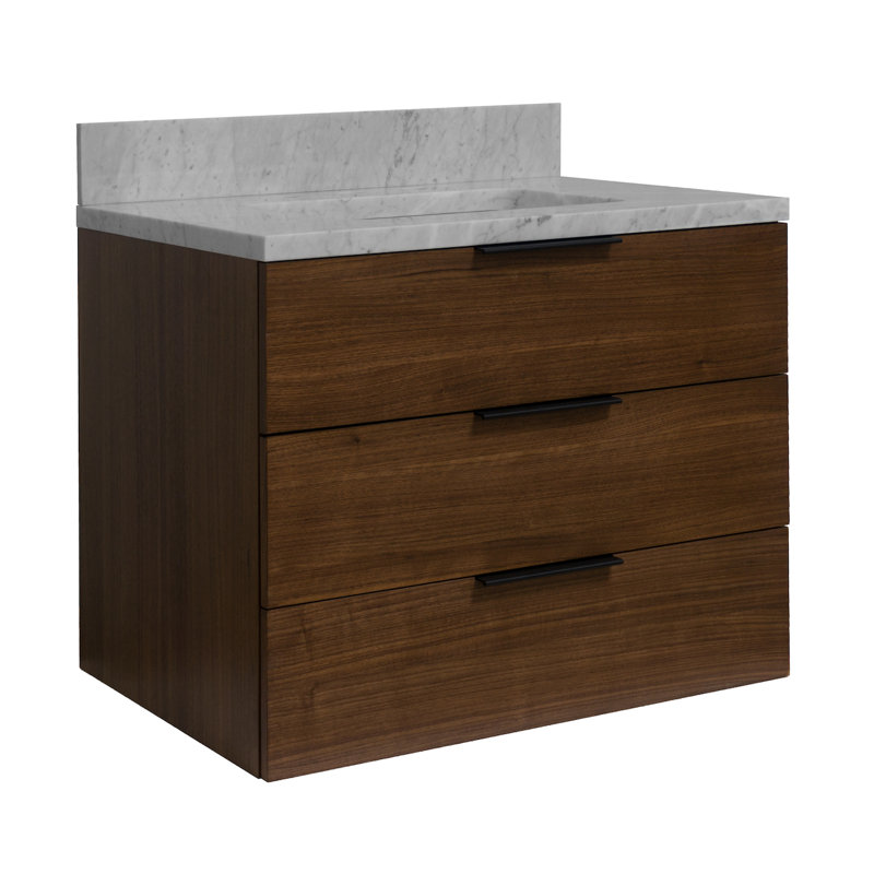 Ensemble de meuble-lavabo mural simple 30 po Mitchell, Noyers, Marbre de Carrare