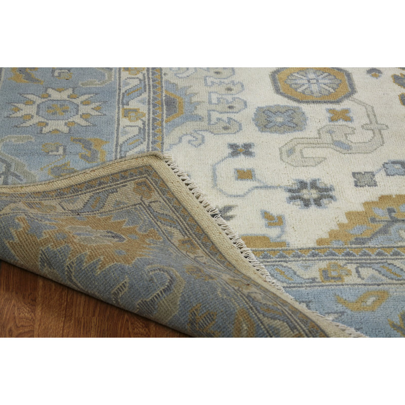 Hand Knotted Wool Ivory/Blue Area Rug, Blue, Rectangle 8' x 10'