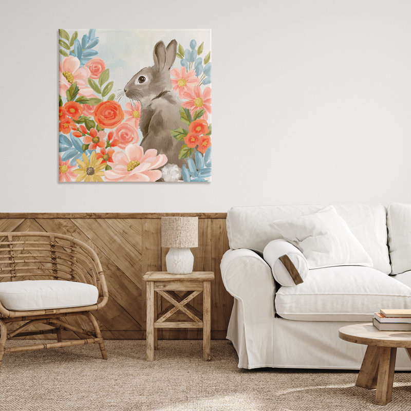 Toile lapin dans les fleurs, design par Cat Thurman Designs, H 30 po x l 30 po