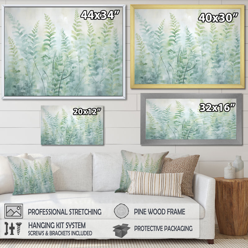 «Green Green Serene Ferns I», reproduction sur toile, Cadre flottant doré, H 12 po x l 20 po x P 1 po