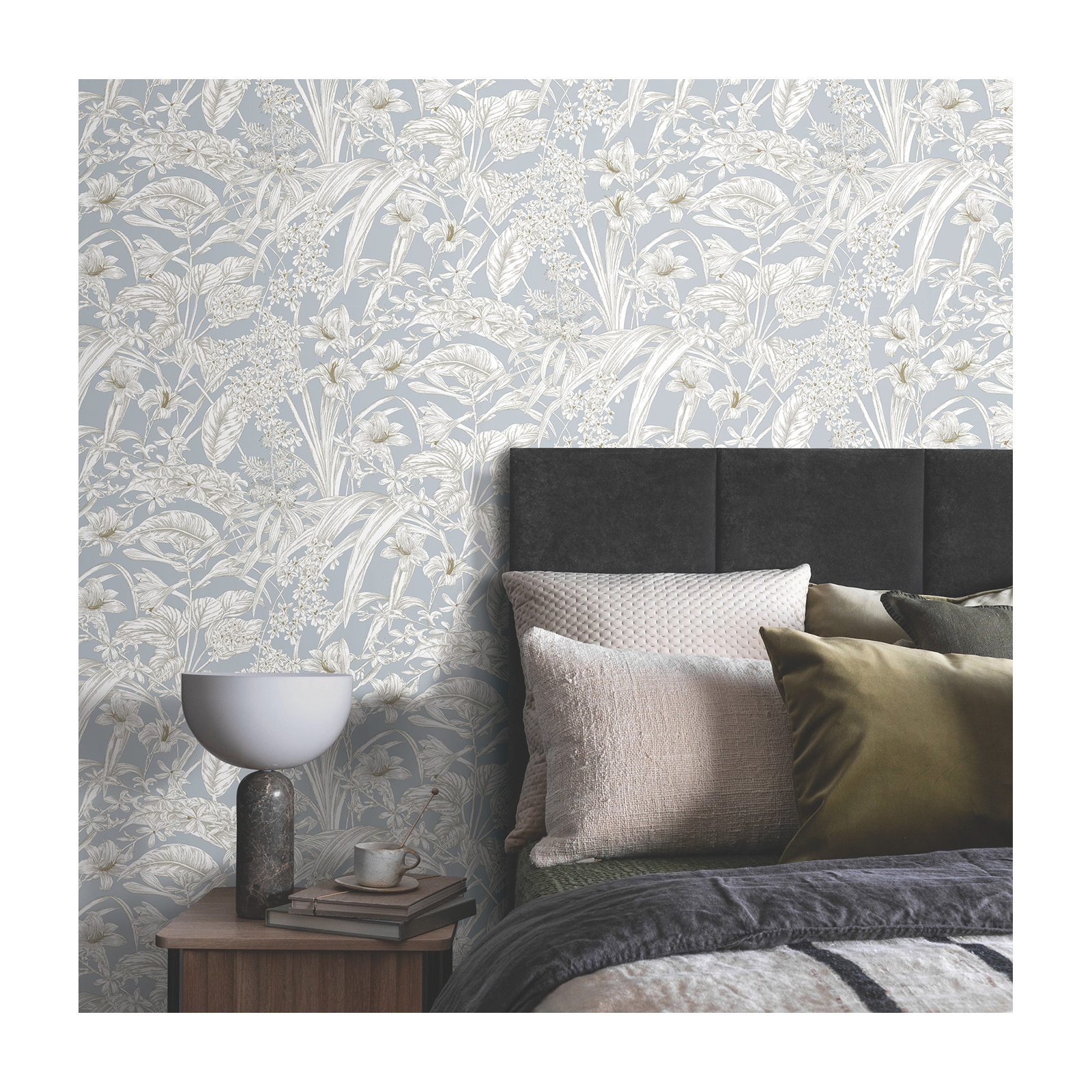 Conservatory Toile Floral,Solids Wallpaper, Blue & Taupe