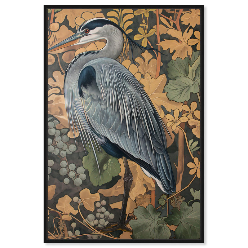 «Heron’s Blue Serenade», toile Maximalist par Art Remedy, Cadre flottant noir, H 37 po x l 25 po