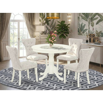 5 Piece Dining Table Set for 4 Includes a Round Kitchen Table with Pedestal and 4 Doeskin Linen Fabric Upholstered Parson Chairs, 36x36 Inch, Linen White
