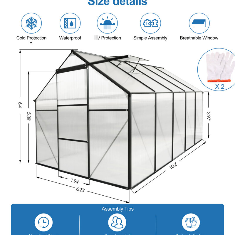 Serre toutes saisons 6 x 10 pi avec protection pour les plantes d'extérieur à l'année, H 78,23 po x l 77,03 po x P 119,16 po