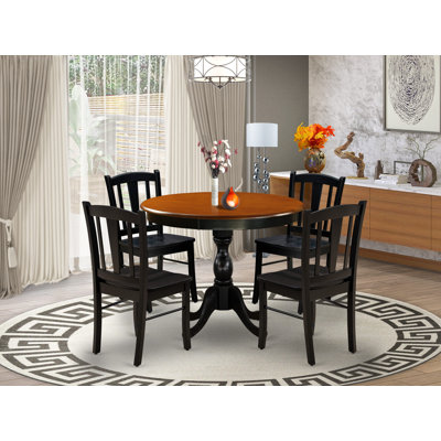 5-Piece Modern Dining Set Includes a Round Wood Table and 4 Dining Room Chairs with Slatted Back - Black Finish