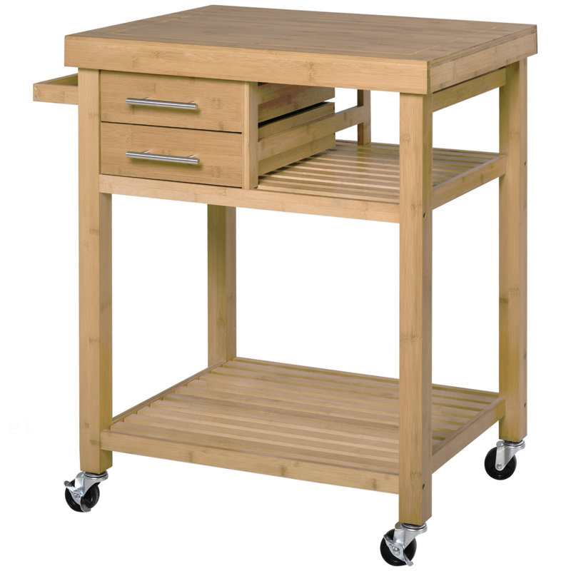Îlot de cuisine en bambou sur roulettes, chariot utilitaire avec 2 tiroirs de rangement et tablettes ouvertes, ton bambou