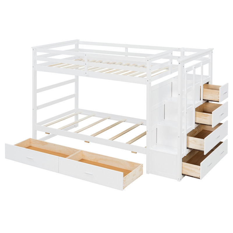 Lit superposé simple au-dessus de simple avec escalier et 2 tiroirs, lit superposé avec rangement pour enfants, blanc, White