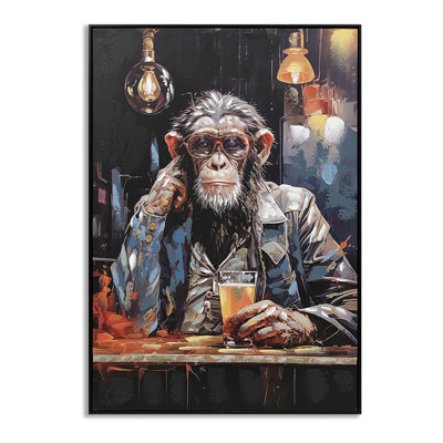 Whimsical Chimp Cocktail Canvas Canvas Wall Art - 28" x 40" - Black Frame