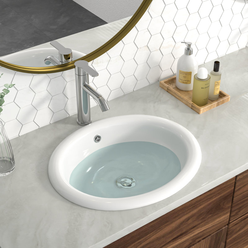 Lavabo de salle de bain semi-encastré en céramique pour salle de bain, Blanc, H 7,18 po x L 17 po x l 15,5 po, Ovale