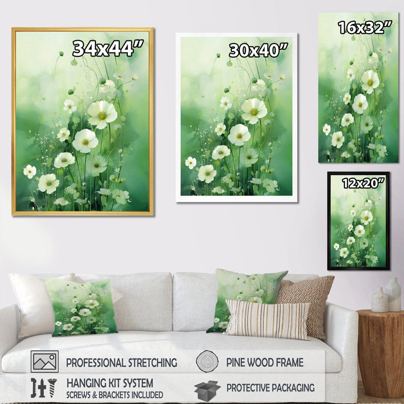 Green and White Seasons Symphony sur toile, H 32 po x l 16 po x P 1 po, Cadre naturel flottant