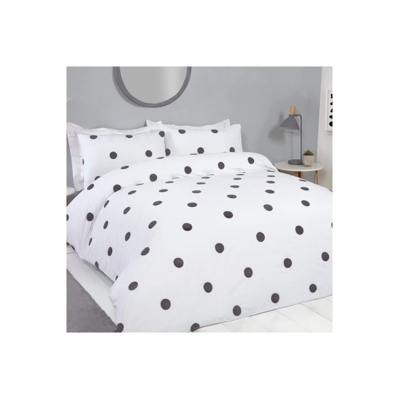 Throop Polyester Dots Duvet Cover with Pillowcases, White/Charcoal, Single - 1 Standard Pillowcase