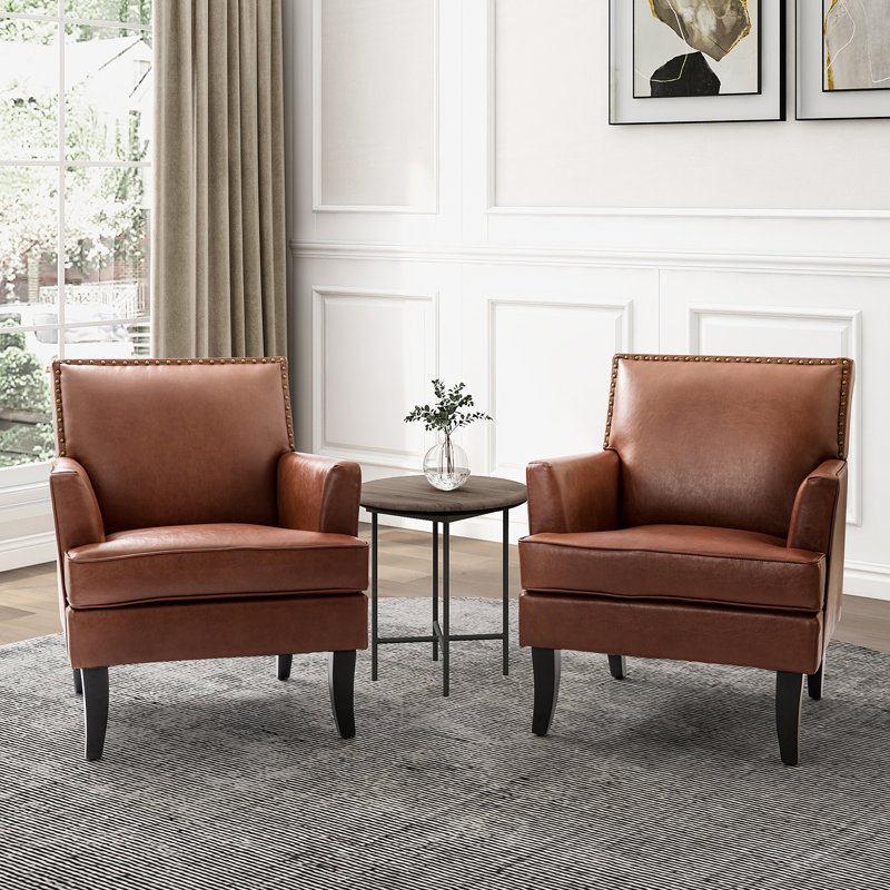 Celadon 27.5'' Wide Faux Leather Armchair with Nailhead Trim and Solid dWoo Legs Set Of 2, Brown Faux Leather