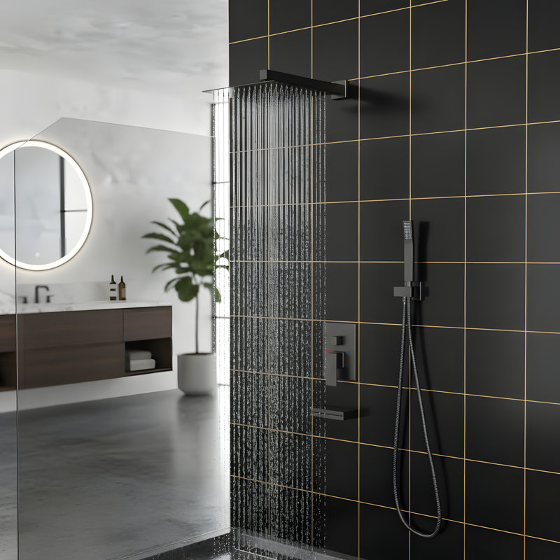 12 Inch Wall Mounted Square Shower System  with Waterfall Tub Spout and Hand Shower, Matte Black