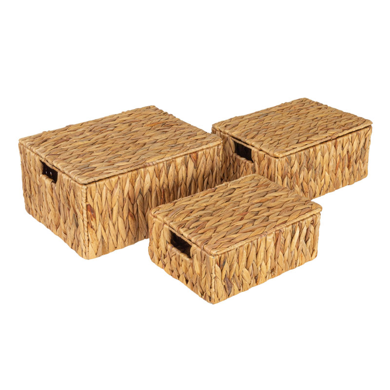 Natural Water Hyacinth Rectangular Storage Basket Set with Lids