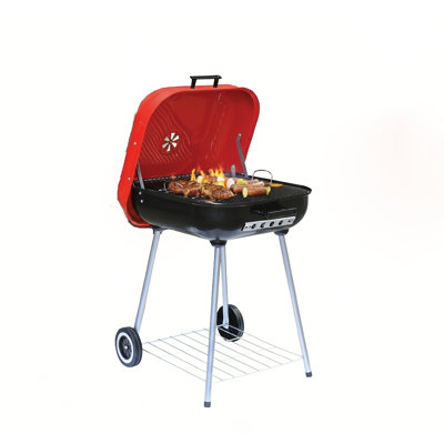 22" Portable Charcoal Bbq Grill, Classic Large Square 22x22" Charcoal Barbecue Grill Portable BBQ Heavy Steel W/Wheels Legs Ash Catcher Red/Black Color