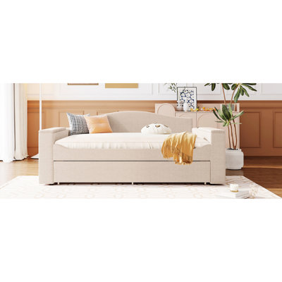 Beige Fleece Daybed With Storage And Trundle, Audio For Relaxation Comfortable Upholstered In Beige, , Trundle